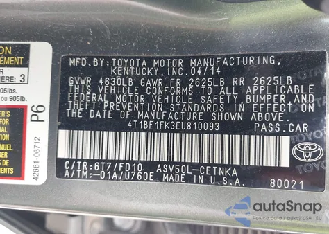 2014 Toyota Camry Le из США, поврежденный, VIN 4T1BF1FK3EU810093